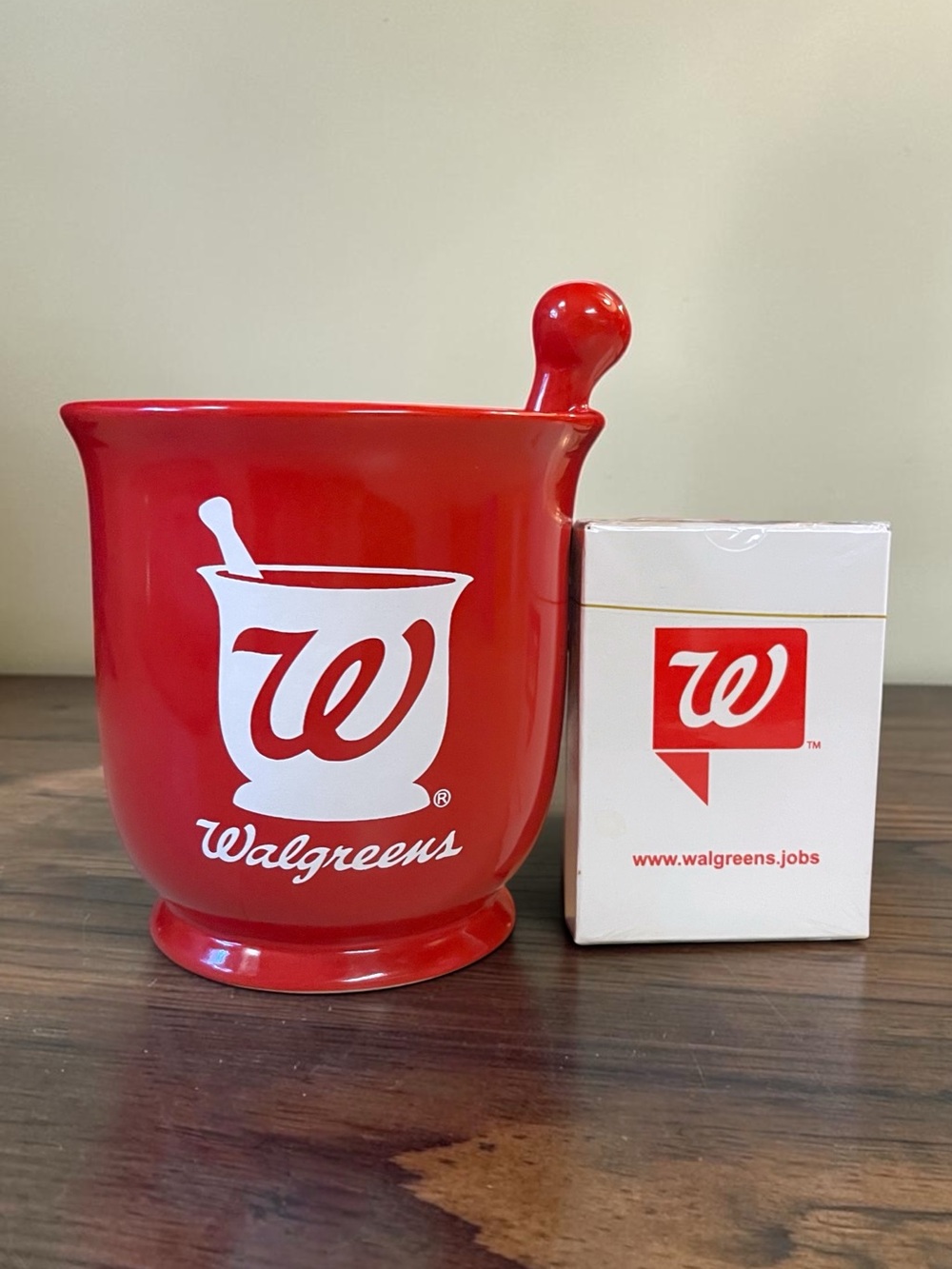 Walgreens Promo Decorative Mortar Pestle Cup Planter & Playing Cards Bundle